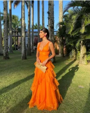 Orange Long Prom Dresses,V Neck Formal Dress Outfits