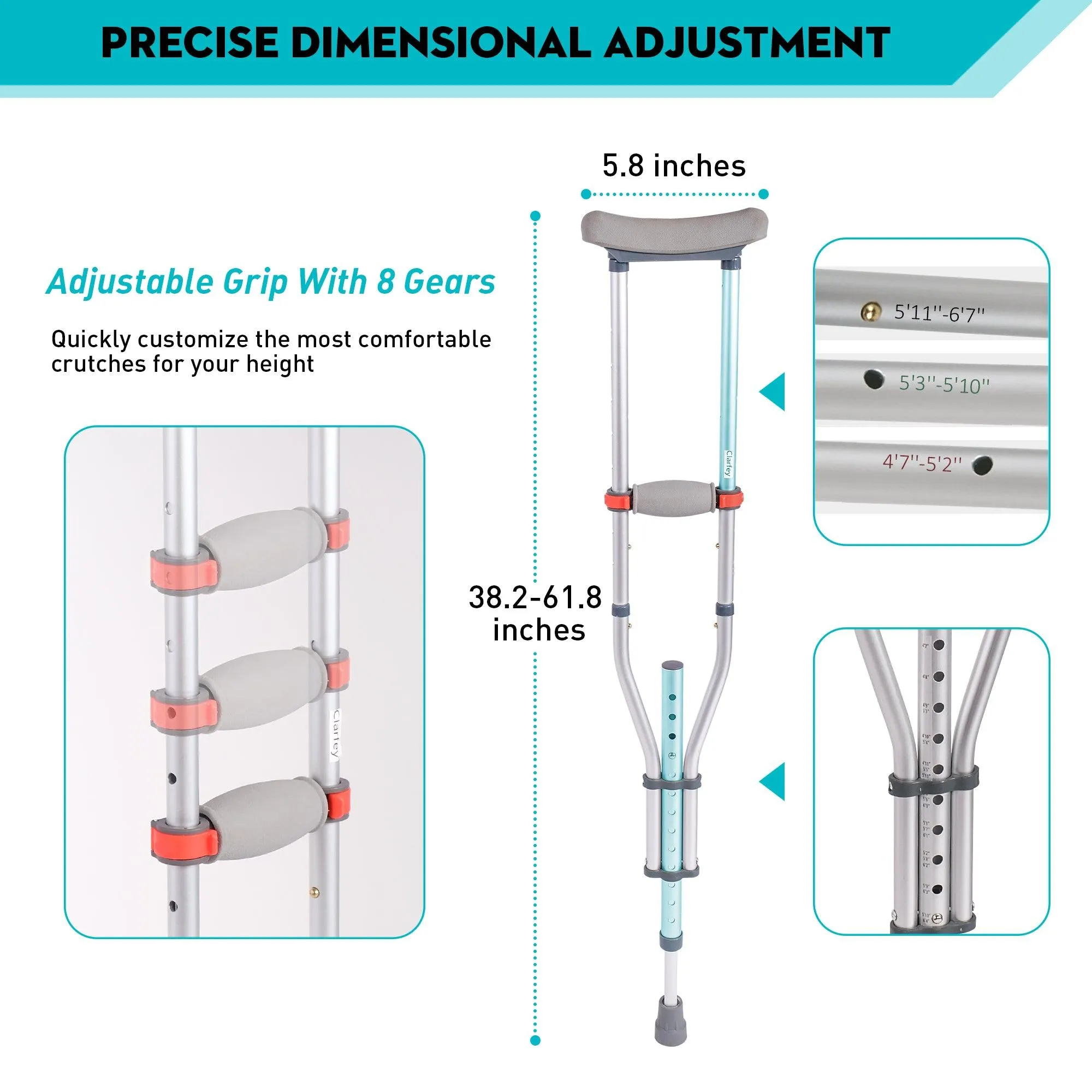 1 Pair Lightweight Adjustable Underarm Crutches with Underarm Pads Folding Aluminum, 8 Adjustable Height for 4'7" to 6'7"