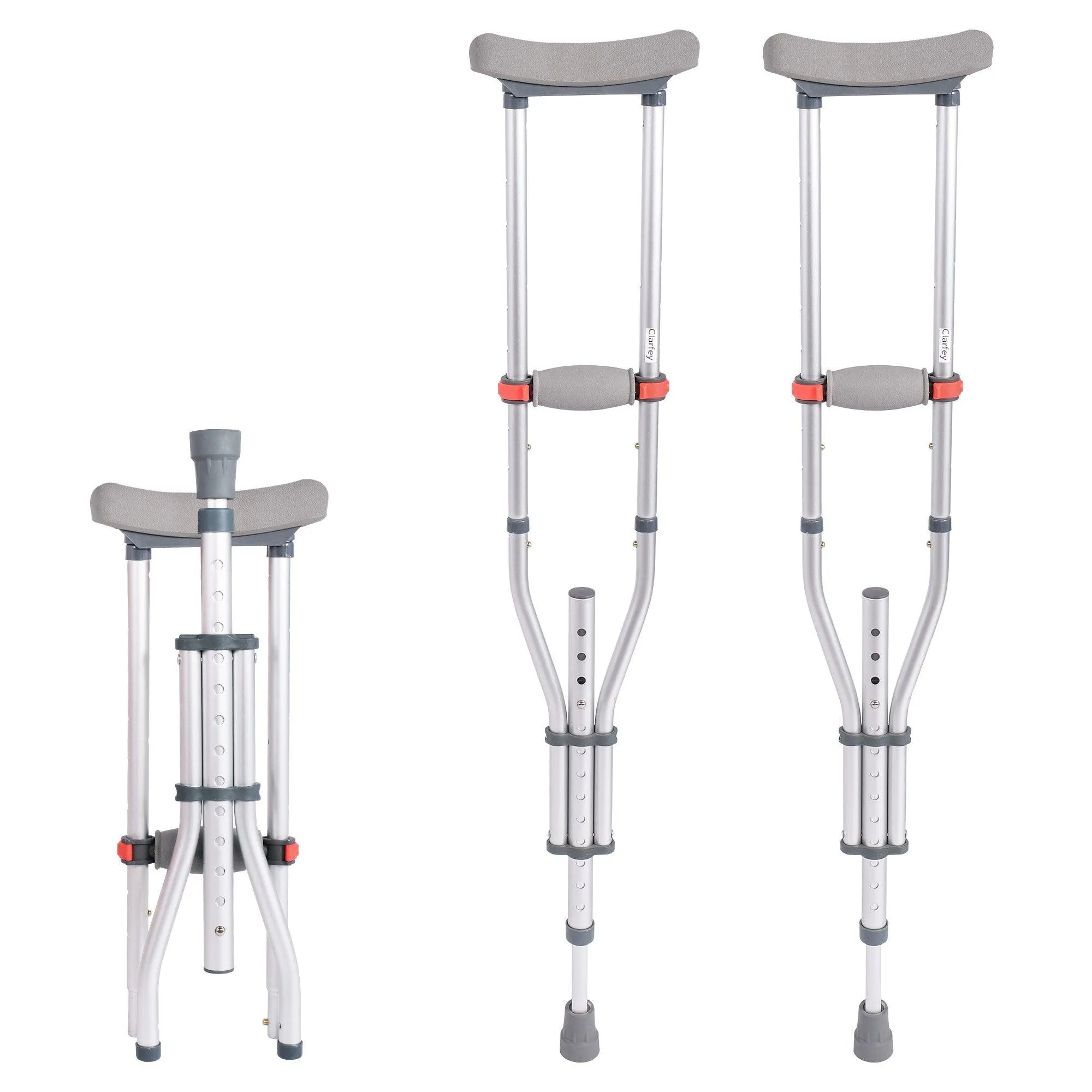 1 Pair Lightweight Adjustable Underarm Crutches with Underarm Pads Folding Aluminum, 8 Adjustable Height for 4'7" to 6'7"