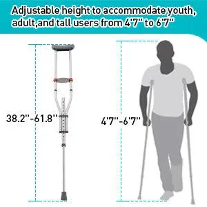 1 Pair Lightweight Adjustable Underarm Crutches with Underarm Pads Folding Aluminum, 8 Adjustable Height for 4'7" to 6'7"