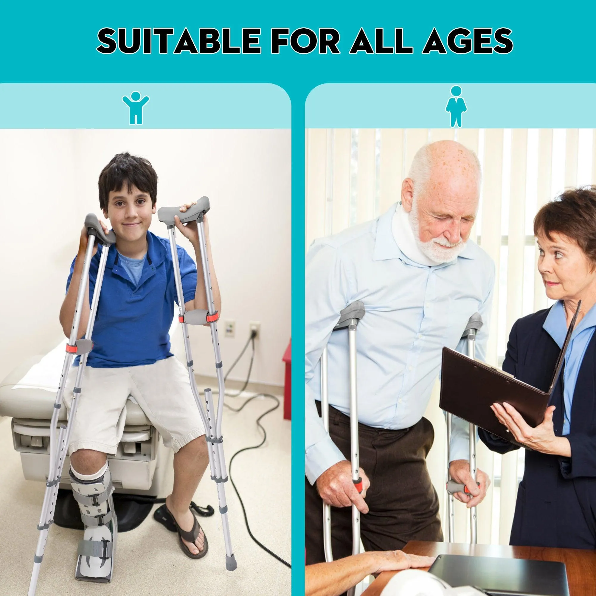 1 Pair Lightweight Adjustable Underarm Crutches with Underarm Pads Folding Aluminum, 8 Adjustable Height for 4'7" to 6'7"