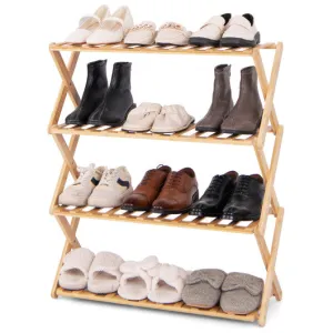 4-Tier Foldable Bamboo Shoe Rack with Slatted Shelves-Natural