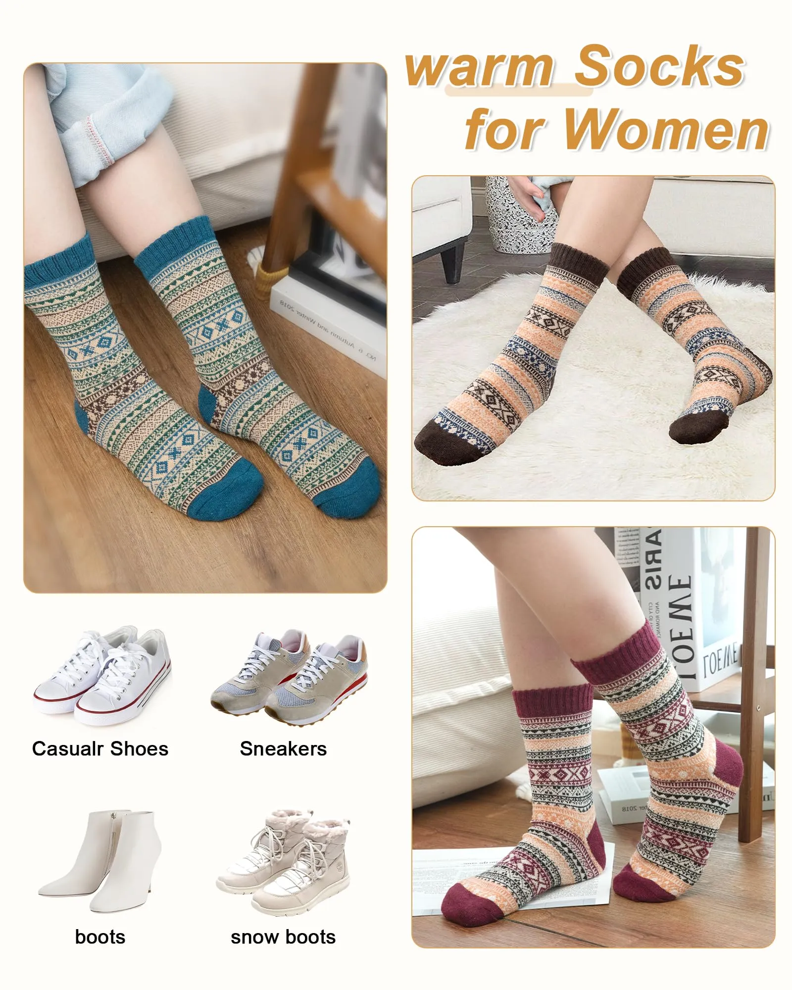 5 Pack Womens Wool Socks Winter Warm Socks Thick Knit Cabin Cozy Crew Soft Socks Hiking Athletic Socks Gifts for Women