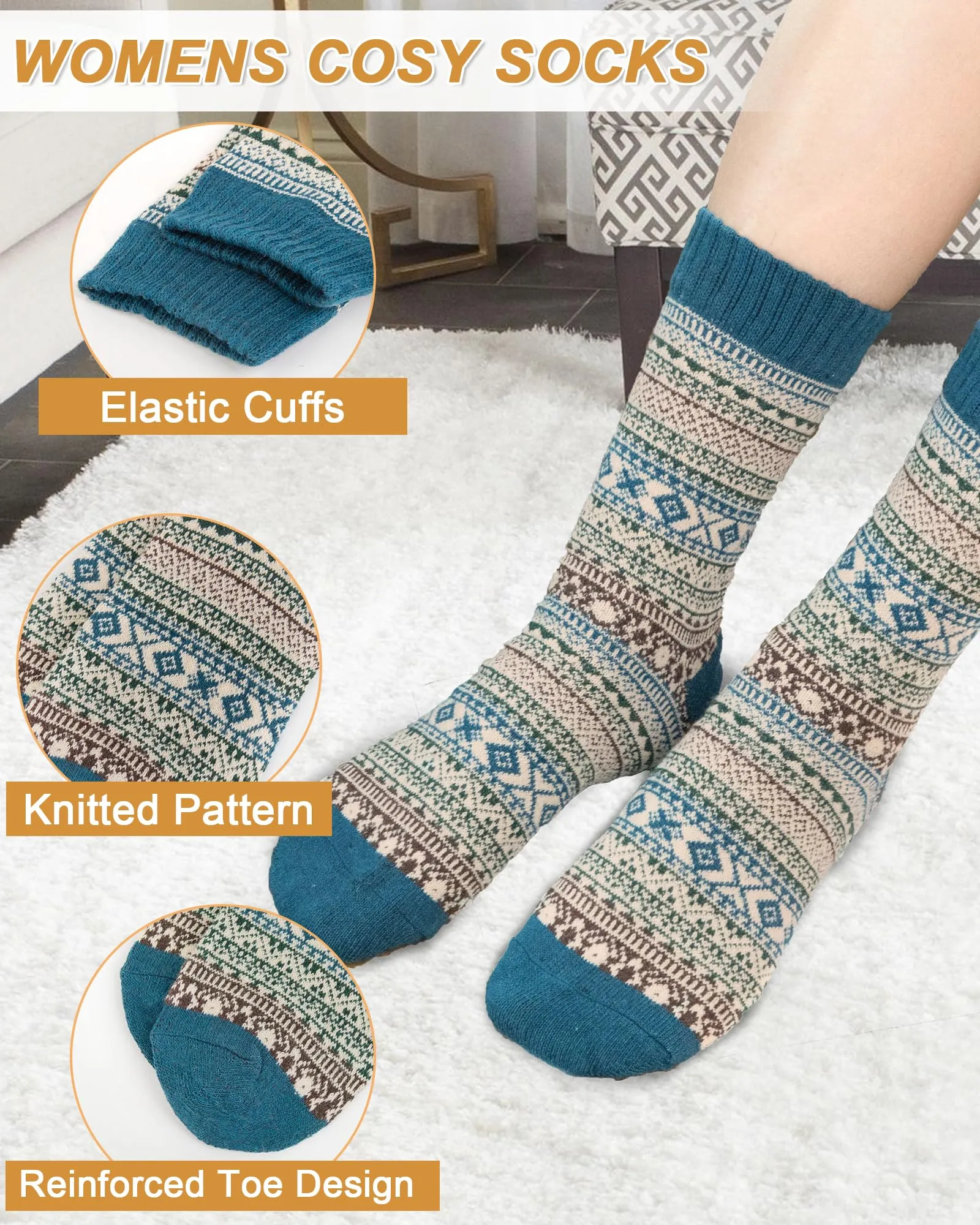 5 Pack Womens Wool Socks Winter Warm Socks Thick Knit Cabin Cozy Crew Soft Socks Hiking Athletic Socks Gifts for Women