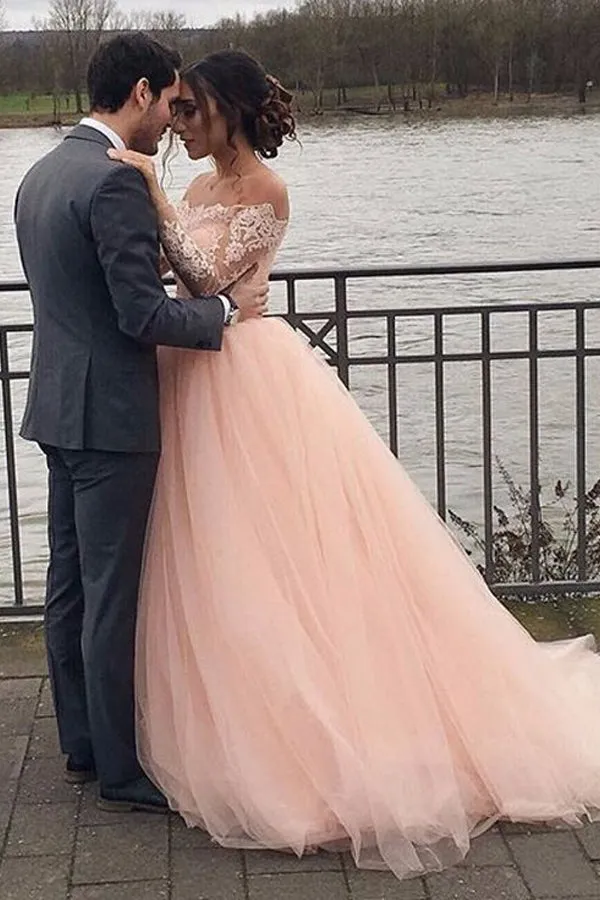 A-line Blush Pink Off Shoulder Long Sleeves Wedding Dress WD688