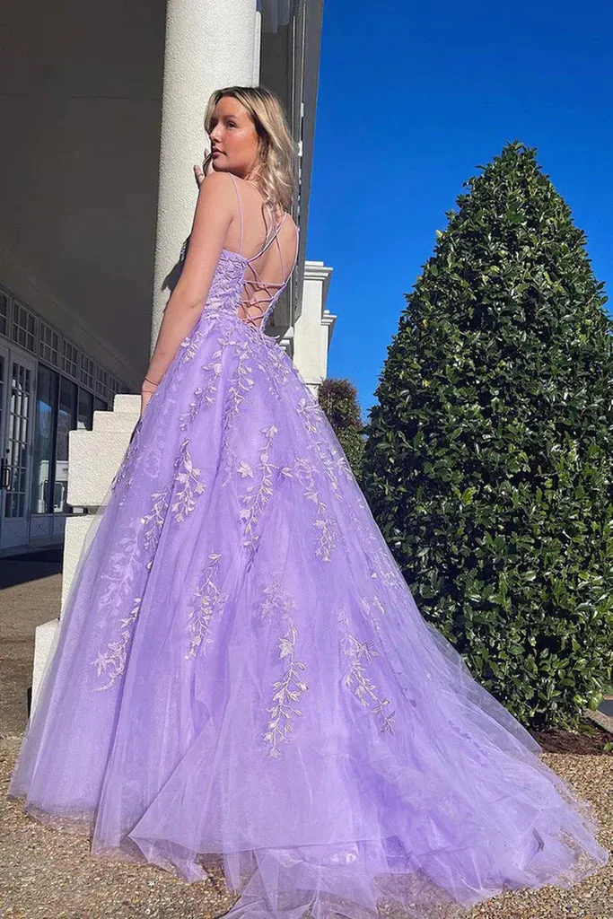 A Line Lavender Lace Prom Dresses Open Back Long Formal Dress