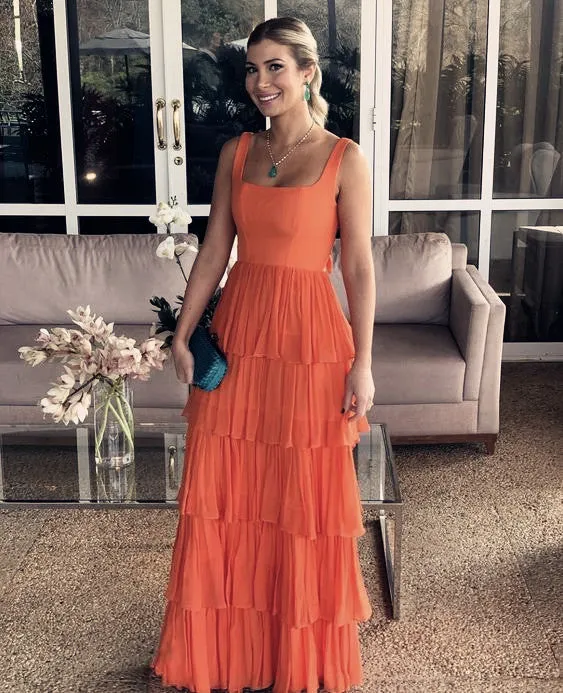 A-line Orange Modest Prom Dresses Formal Evening Gown Long