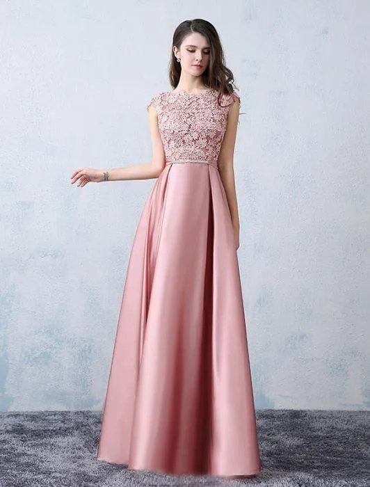 A-line Scoop Pink Satin Applique Modest Prom Dress Evening Dress PSK065