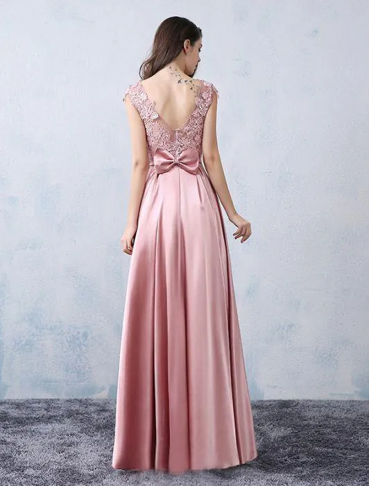 A-line Scoop Pink Satin Applique Modest Prom Dress Evening Dress PSK065