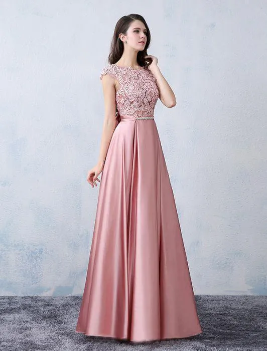 A-line Scoop Pink Satin Applique Modest Prom Dress Evening Dress PSK065