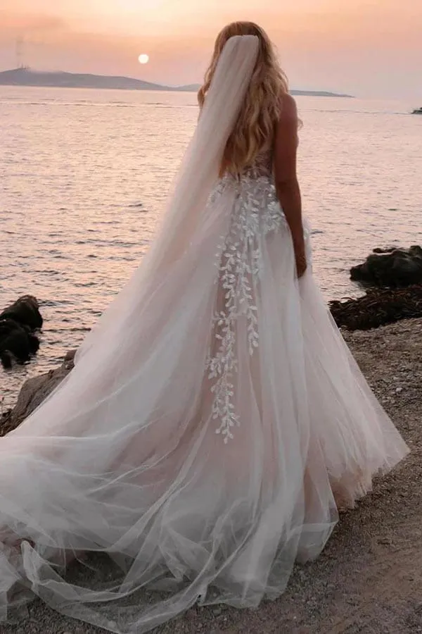 A-line Sweetheart Lace Appliques Boho Long Wedding Dress WD753