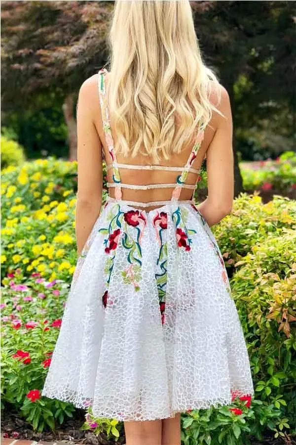 A-line White Short Prom Dress Homecoming Dress with Floral  PD248