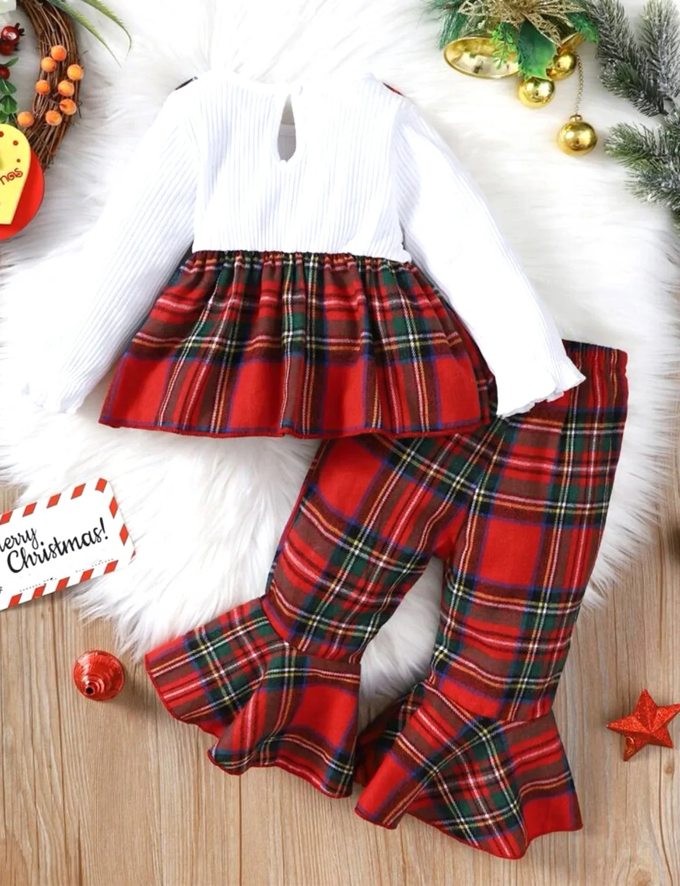 Baby Girl's Plaid Pattern 2pcs, Ribbed Long Sleeve Top & Flared Pants Set, Christmas Style Casual Outfits, Kids Clothes For Spring Fall, Outdoor Clothing