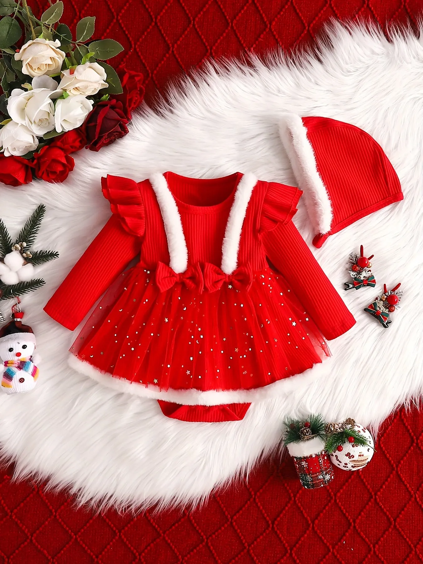 Baby's Christmas Style Fuzzy Trim Ruffled Long Sleeve Romper Dress, Toddler & Infant Girl's Onesie For Winter Festival Party & Outdoor Play