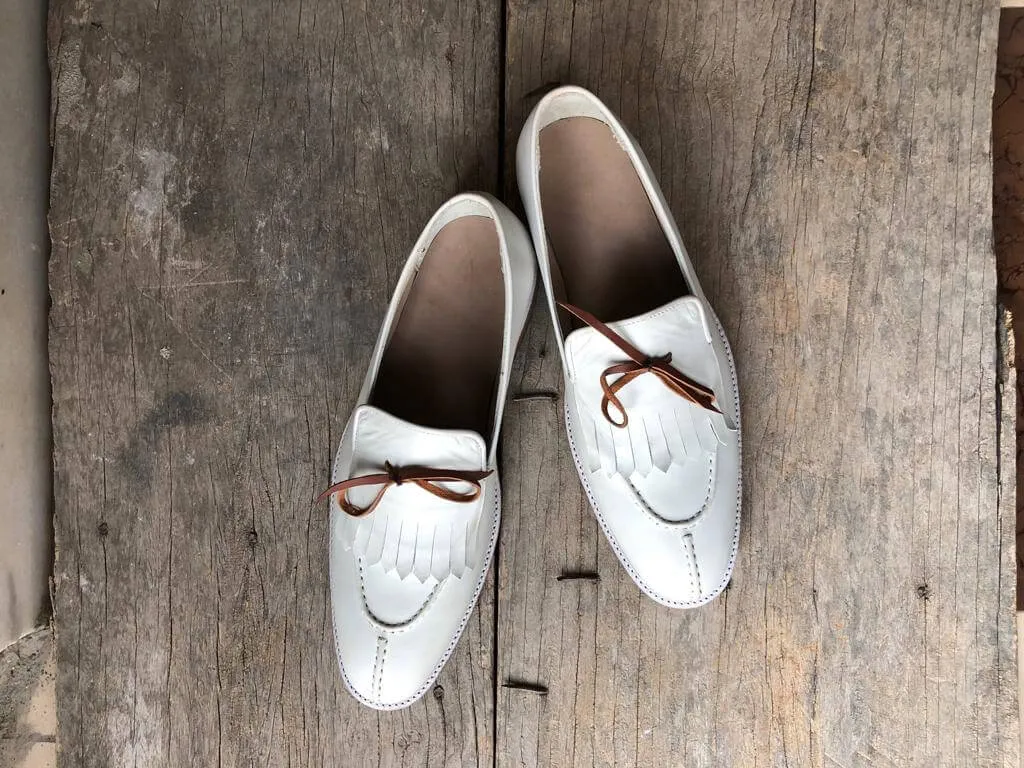 Bespoke White Leather Fringe Tussle Loafer for Men's