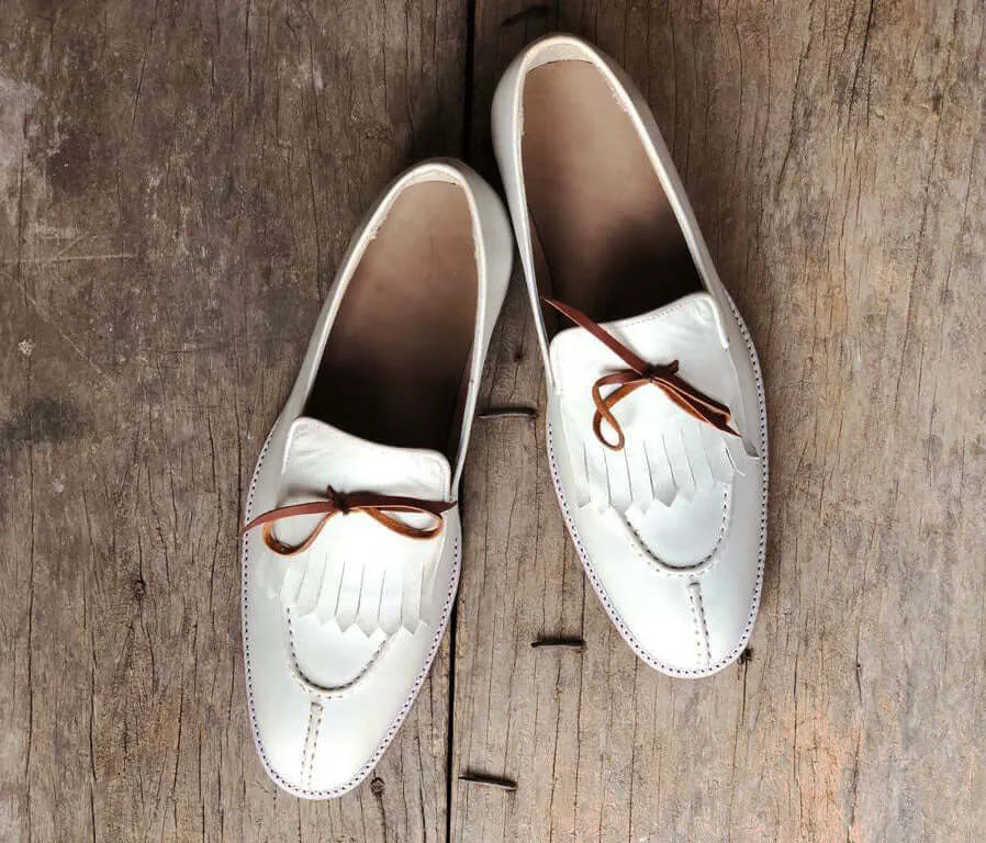 Bespoke White Leather Fringe Tussle Loafer for Men's