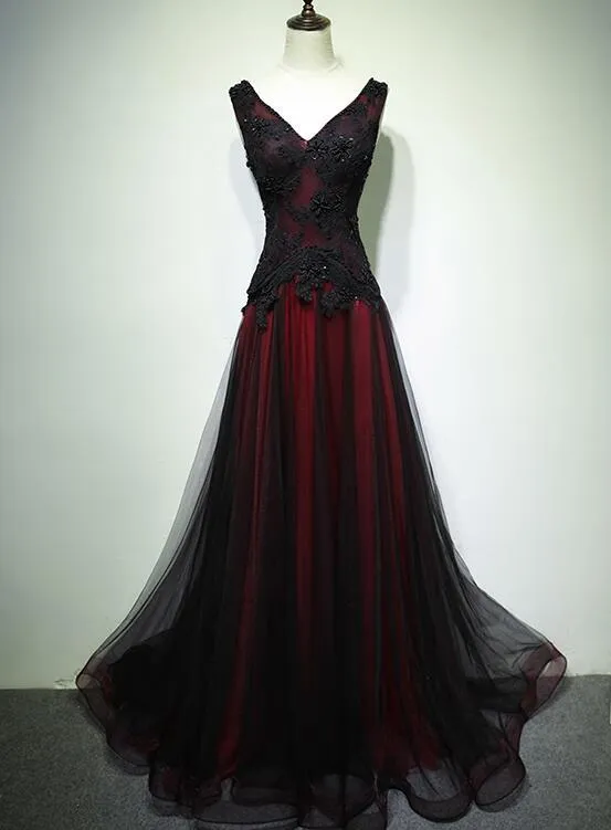 Black and Red Tulle V-neckline Beaded Lace Long Party Dress,A-line Formal Evening Dresses