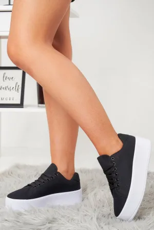 Black Canvas Lace Up Platform Trainers - Carl