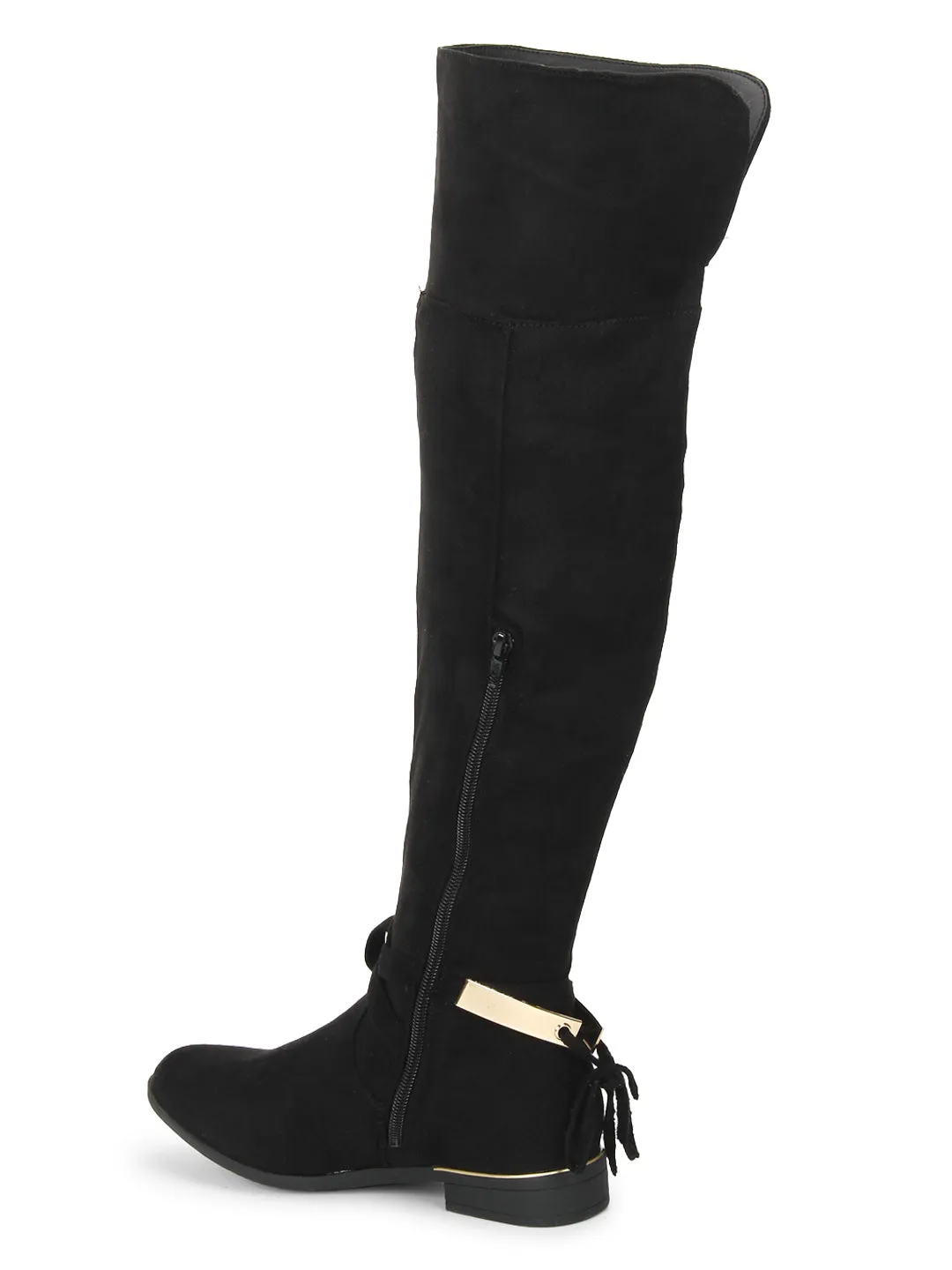 Black Microfibre Bow Flat Long Boots