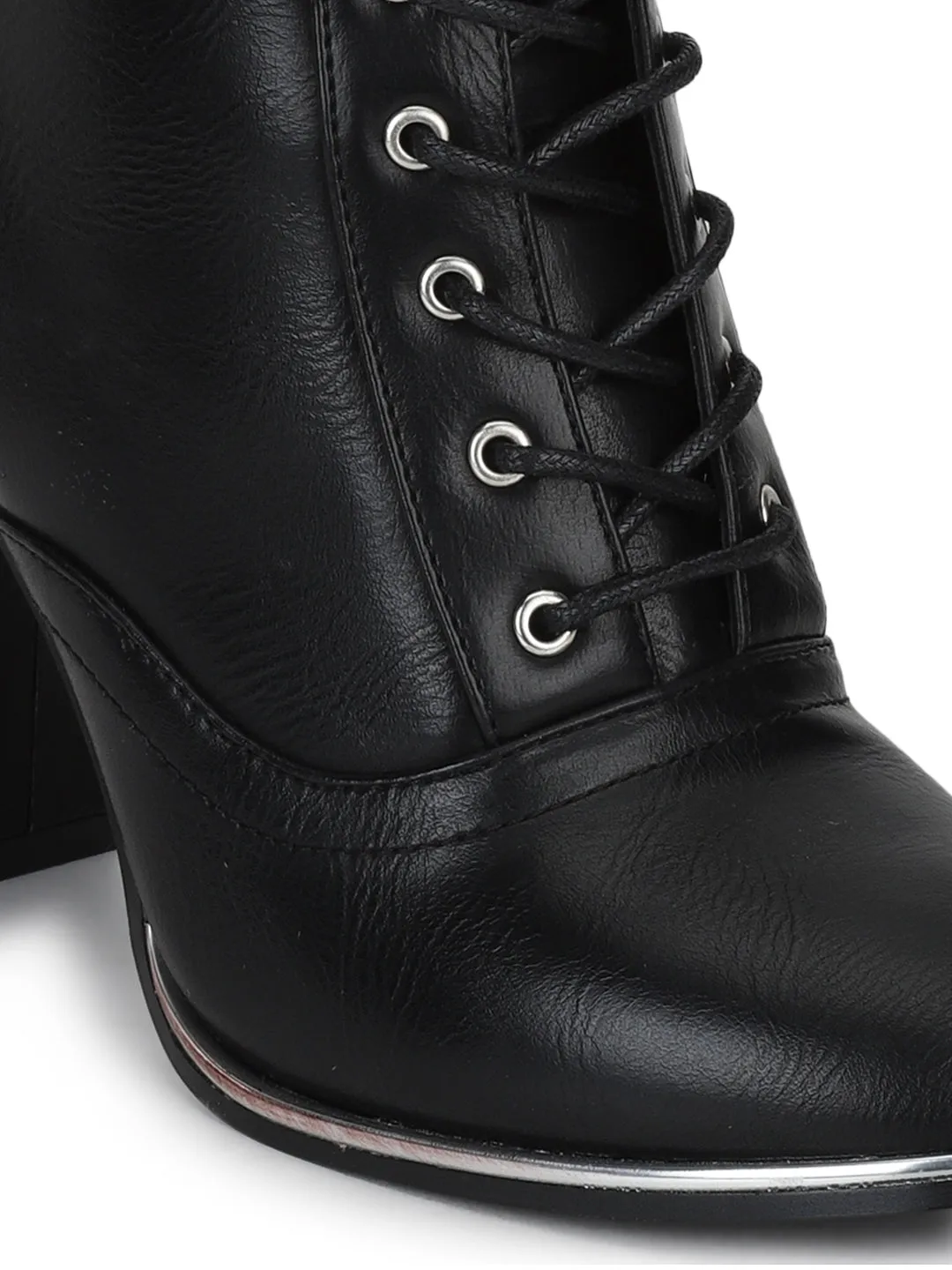 Black PU Lace-Up Block Heel Ankle Boots