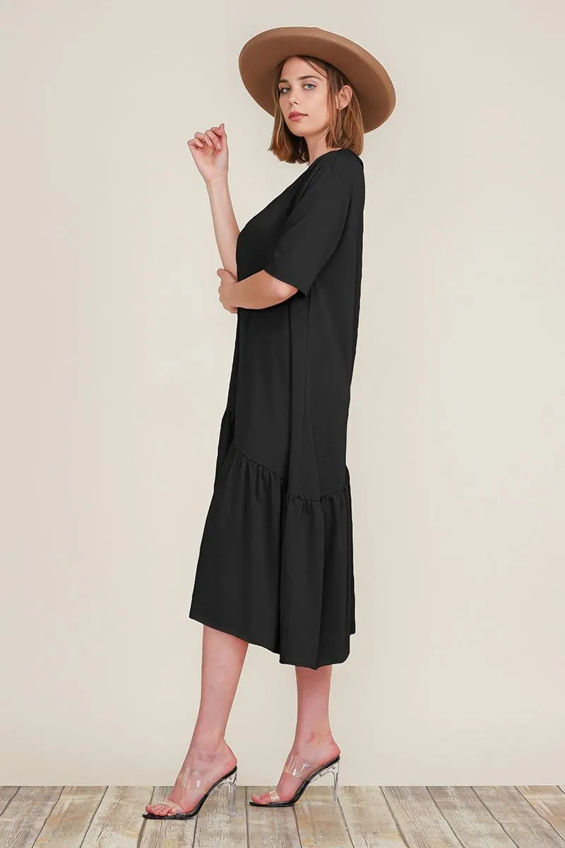 Boat Neck Asymmetrical Ruffle Midi Dress with Short Sleeves and Tiered Hem