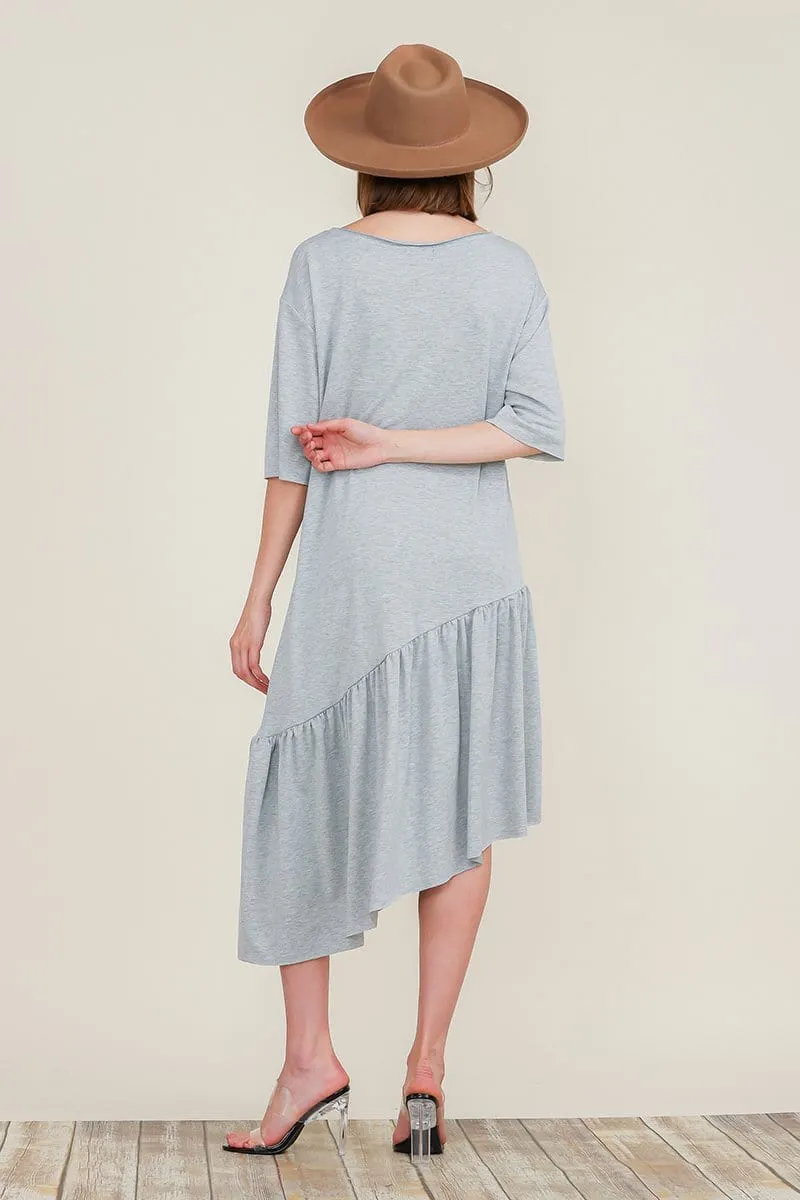 Boat Neck Asymmetrical Ruffle Midi Dress with Short Sleeves and Tiered Hem