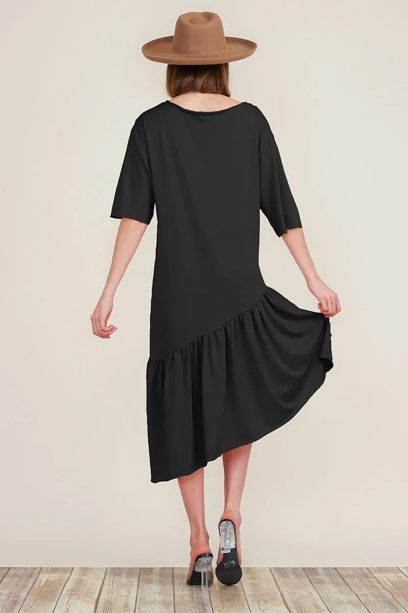 Boat Neck Asymmetrical Ruffle Midi Dress with Short Sleeves and Tiered Hem