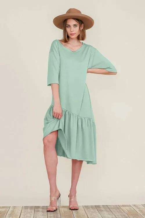 Boat Neck Asymmetrical Ruffle Midi Dress with Short Sleeves and Tiered Hem