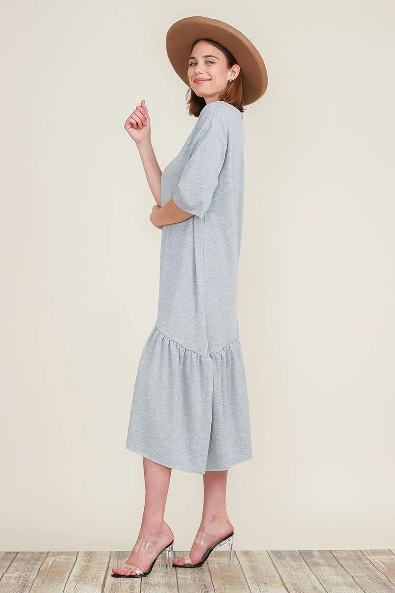 Boat Neck Asymmetrical Ruffle Midi Dress with Short Sleeves and Tiered Hem