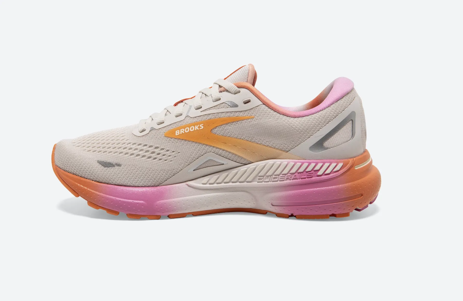 Brooks Womens Adrenaline GTS 23- White Sand/Sunset/Fuchsia (1203811B117)