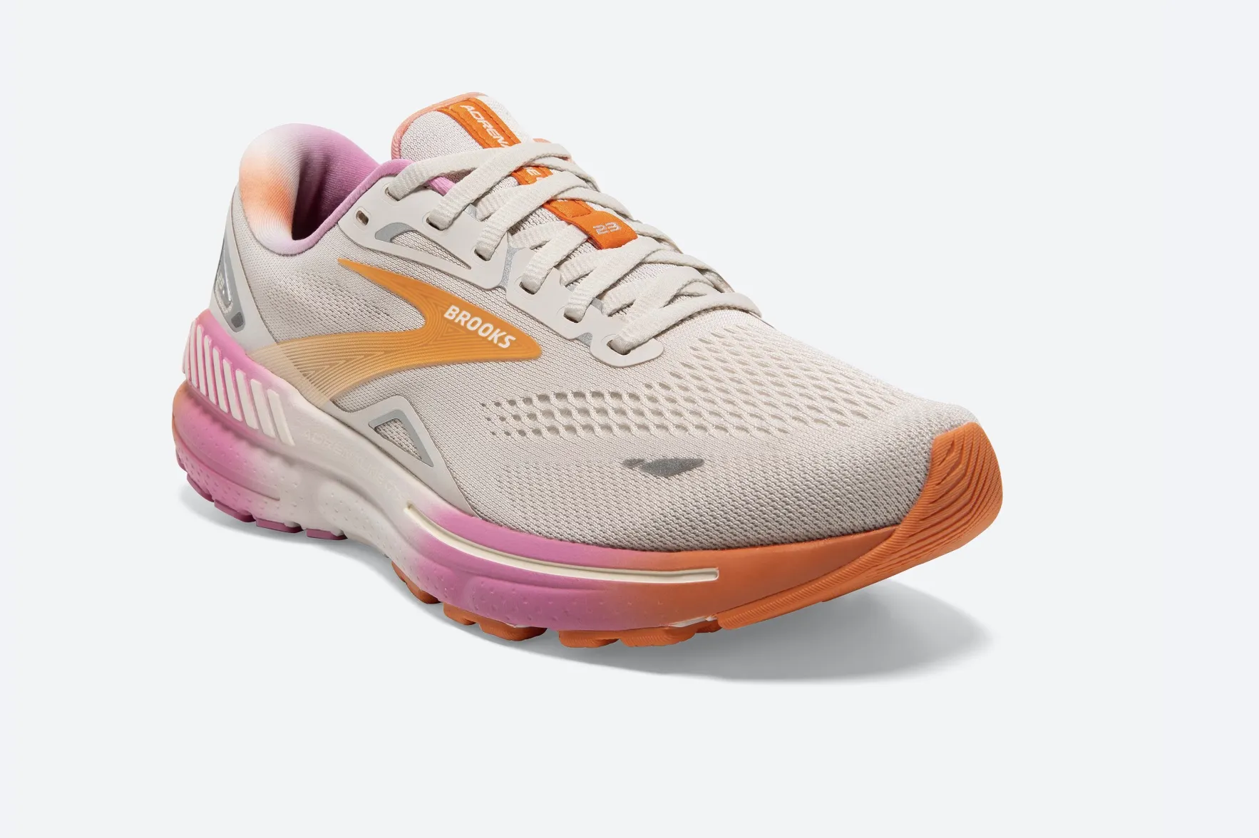 Brooks Womens Adrenaline GTS 23- White Sand/Sunset/Fuchsia (1203811B117)