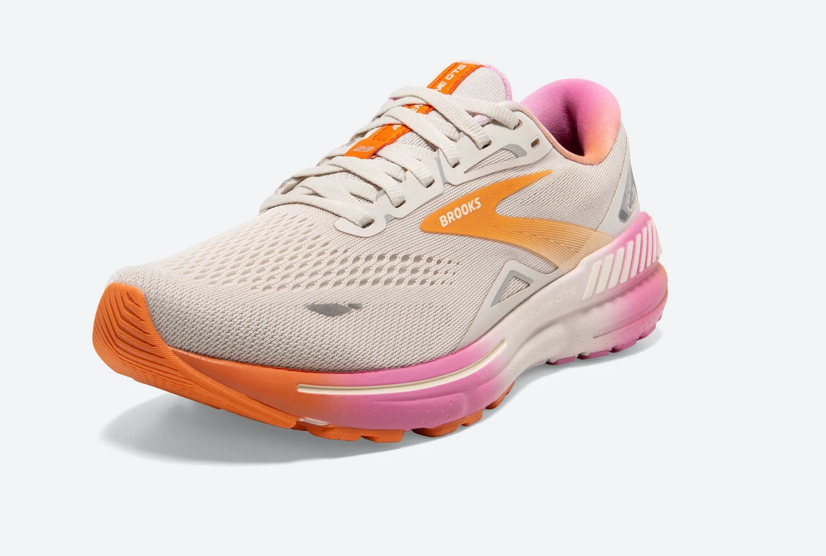 Brooks Womens Adrenaline GTS 23- White Sand/Sunset/Fuchsia (1203811B117)