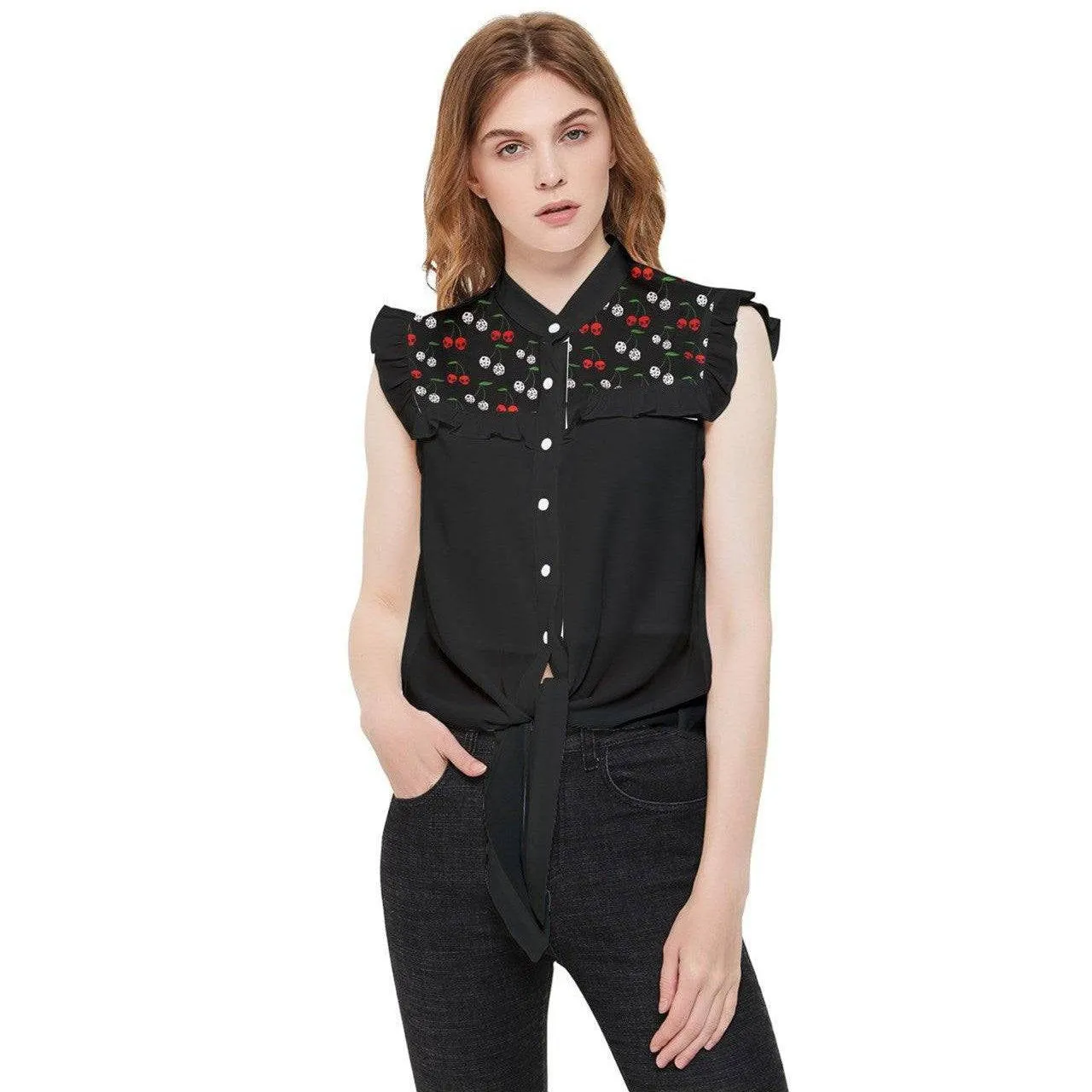 Cherry Skulls & Dice Tie Front Top