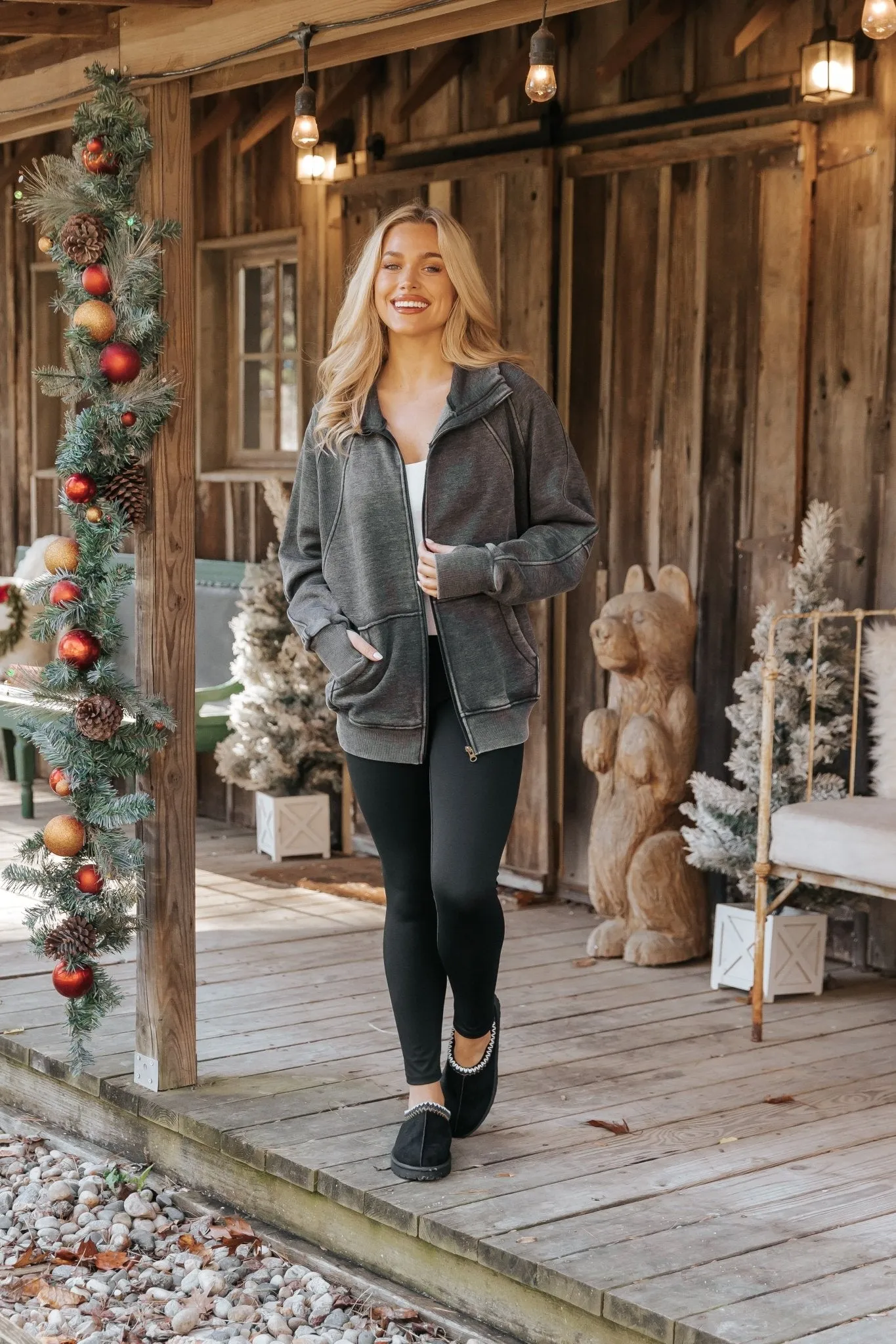 Cozy Essential Zip Up Sweatshirt - Charcoal