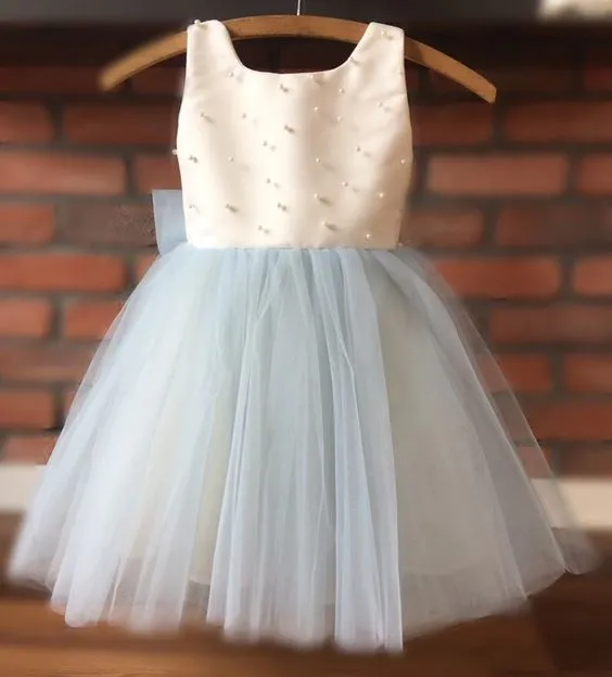 Cute Dusty Blue Flower Girl Dress with Bow