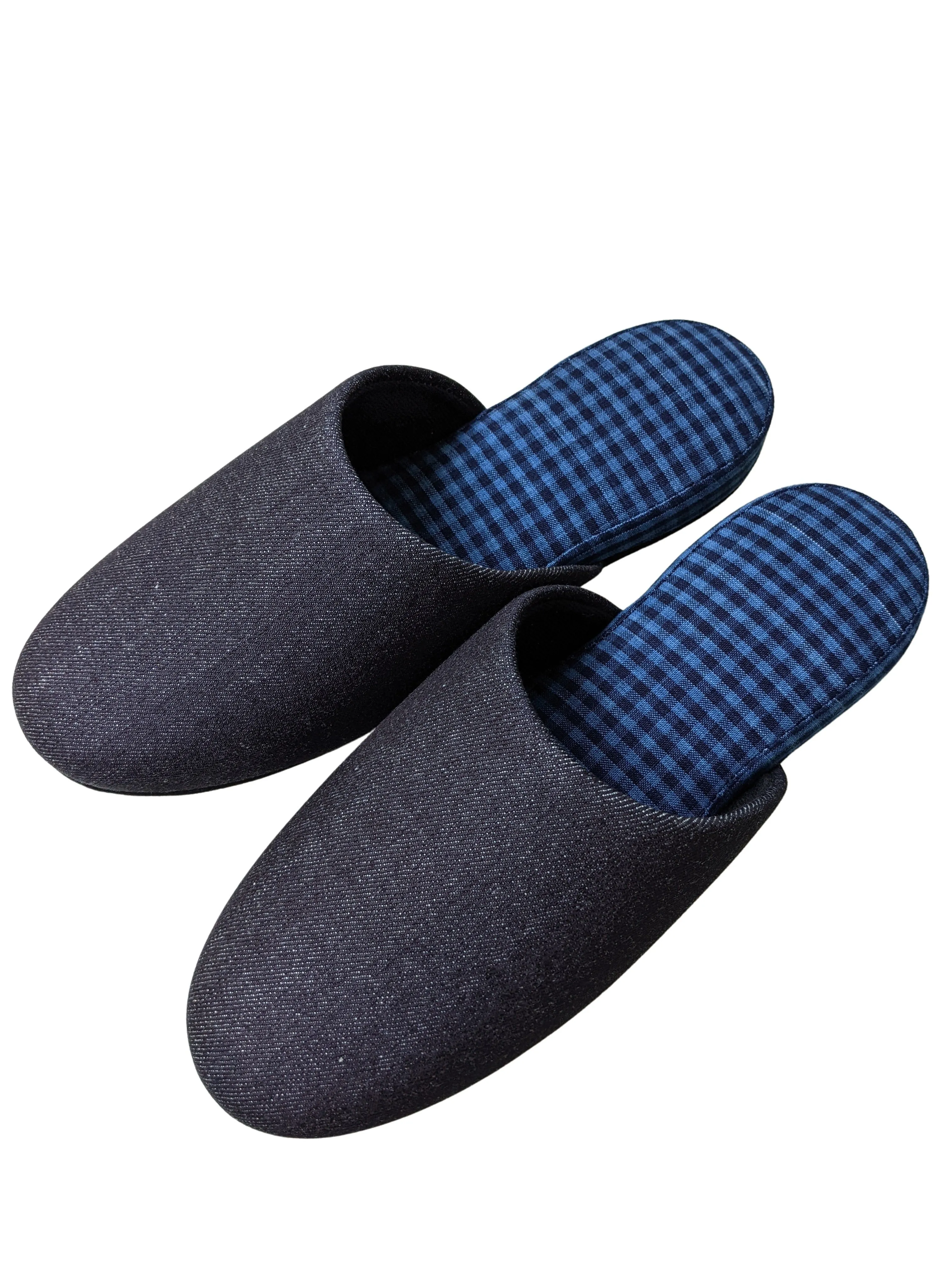 Denim Blue Checkered Plaid Mix Slippers [Black wool felt sole] 2 size Large / XL