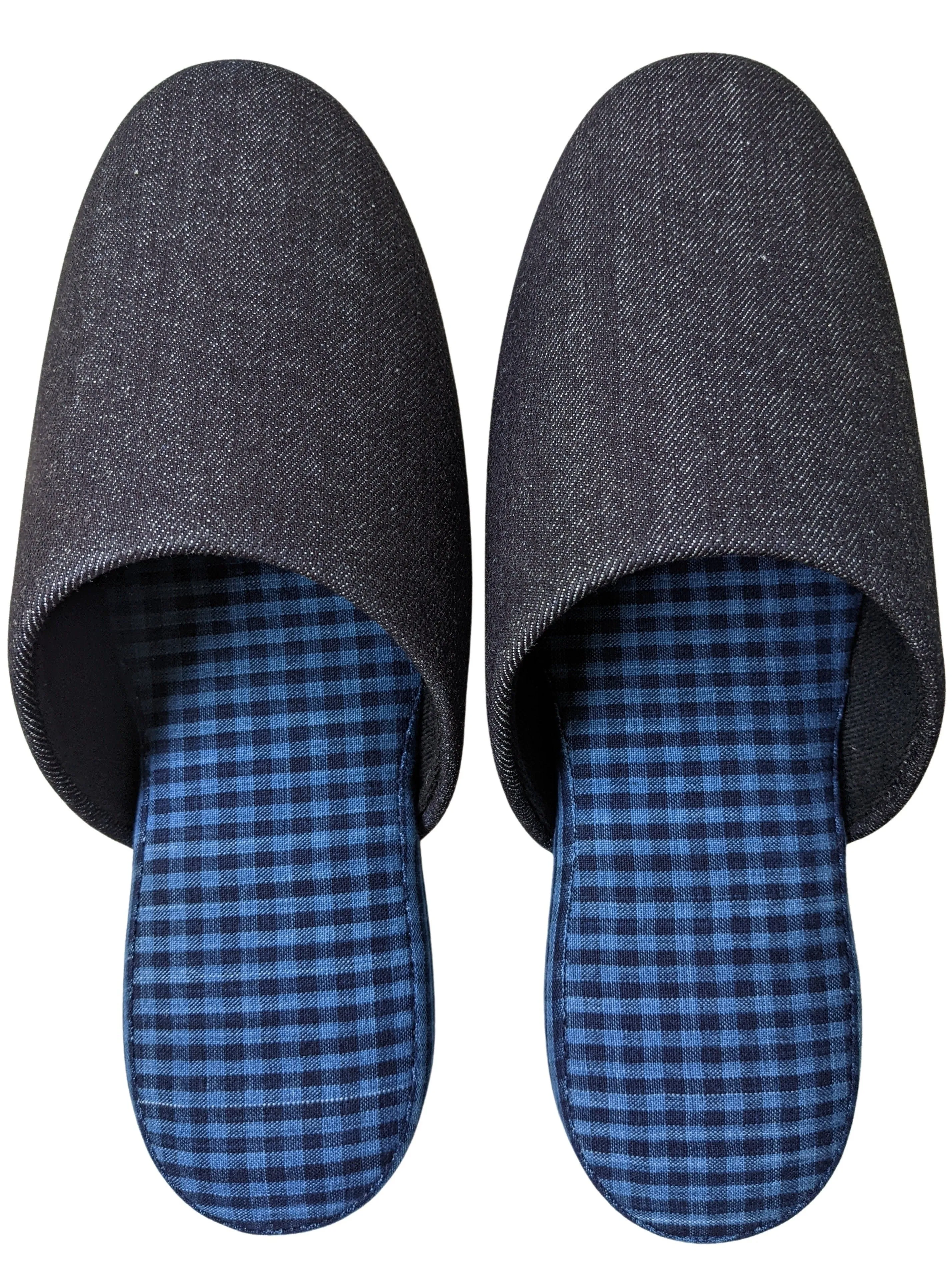 Denim Blue Checkered Plaid Mix Slippers [Black wool felt sole] 2 size Large / XL