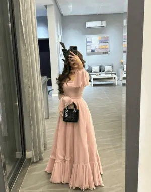 Elegant A-Line Pleated Party Dress,Chiffon Bell Sleeve Formal Prom Gown