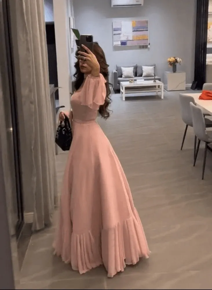 Elegant A-Line Pleated Party Dress,Chiffon Bell Sleeve Formal Prom Gown