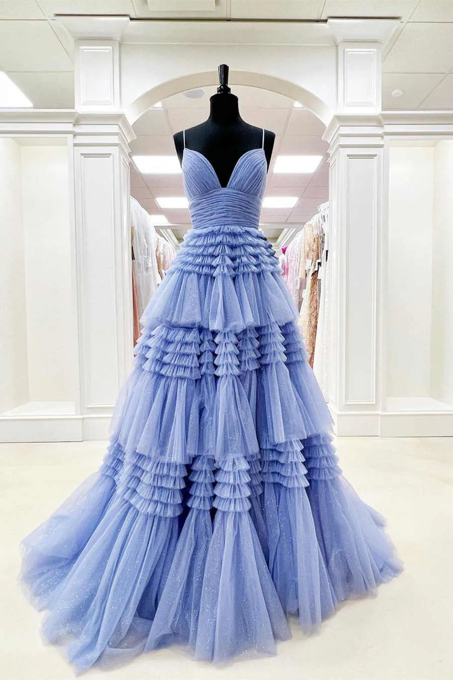 Elegant Light Blue Slit Tulle Long Prom Dress,Ruffled Formal Dresses