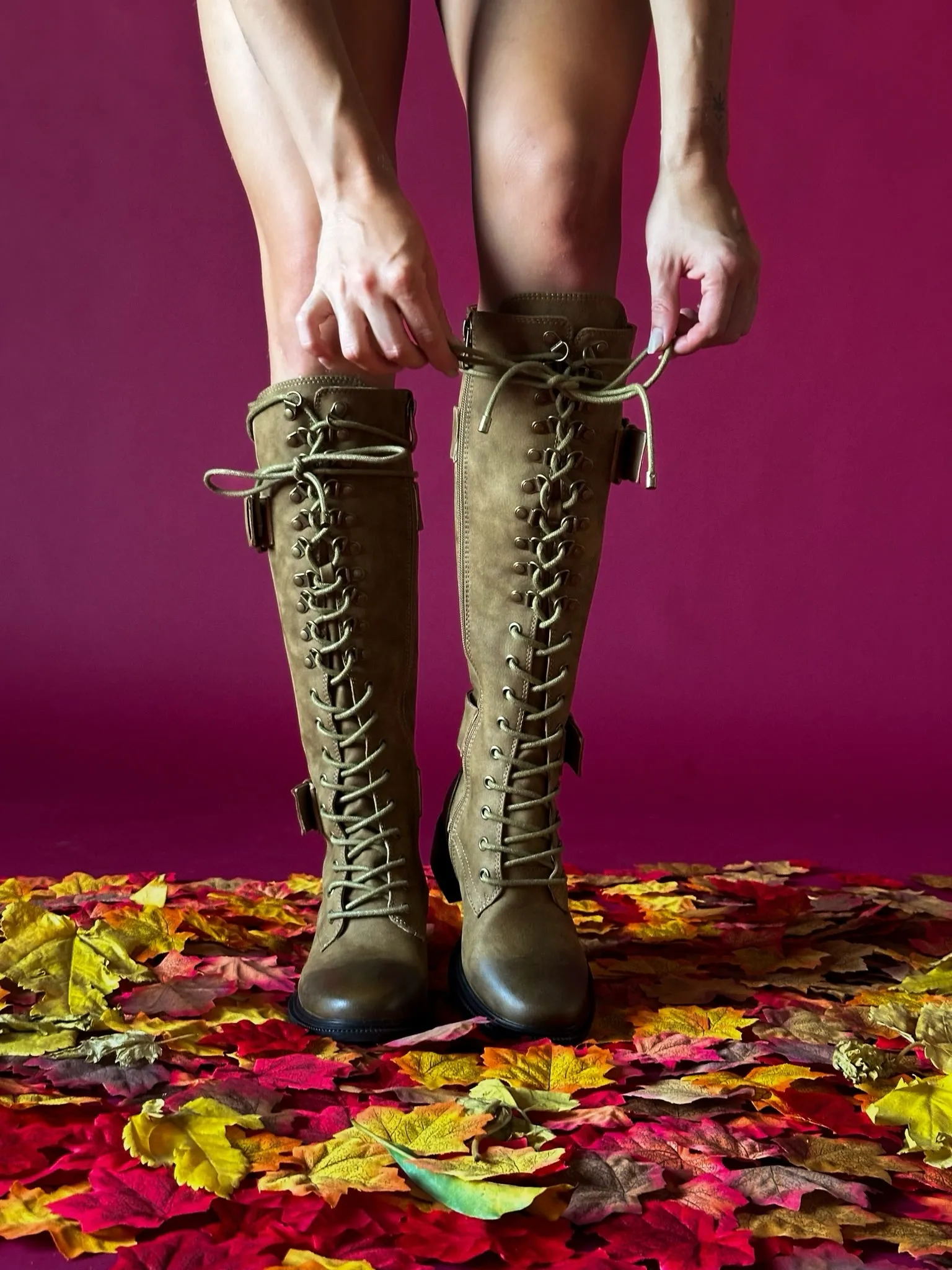 EMMOTT-TAUPE LACE UP KNEE HIGH COMBAT BOOT