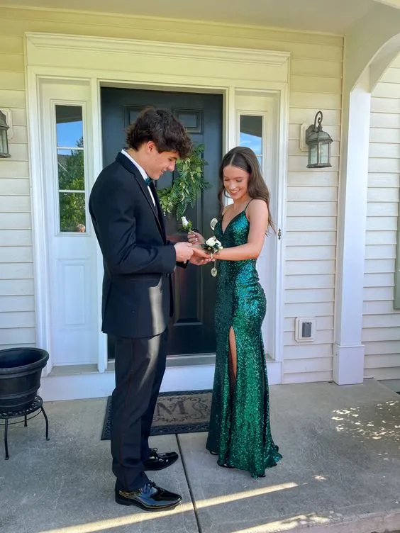 Green Long Prom Dresses Sequin Gala Dress with Slit