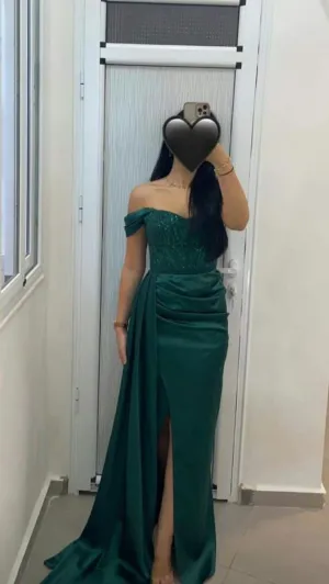 Green Satin Off Shoulder Mermaid Side Slit Long Evening Prom Dresses