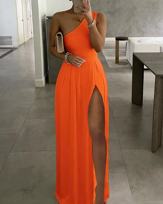 High Slit One Shoulder Maxi Dress Orange Split Formal Dresses