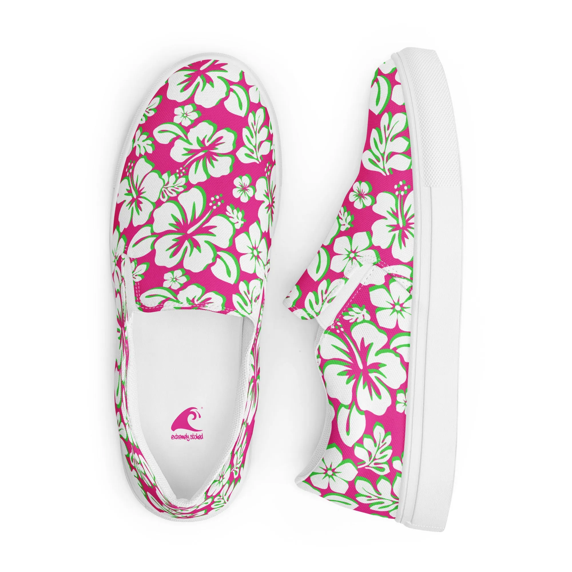 Hot Pink, Lime and White Hawaiian Flowers Women's Slip On Canvas Shoes