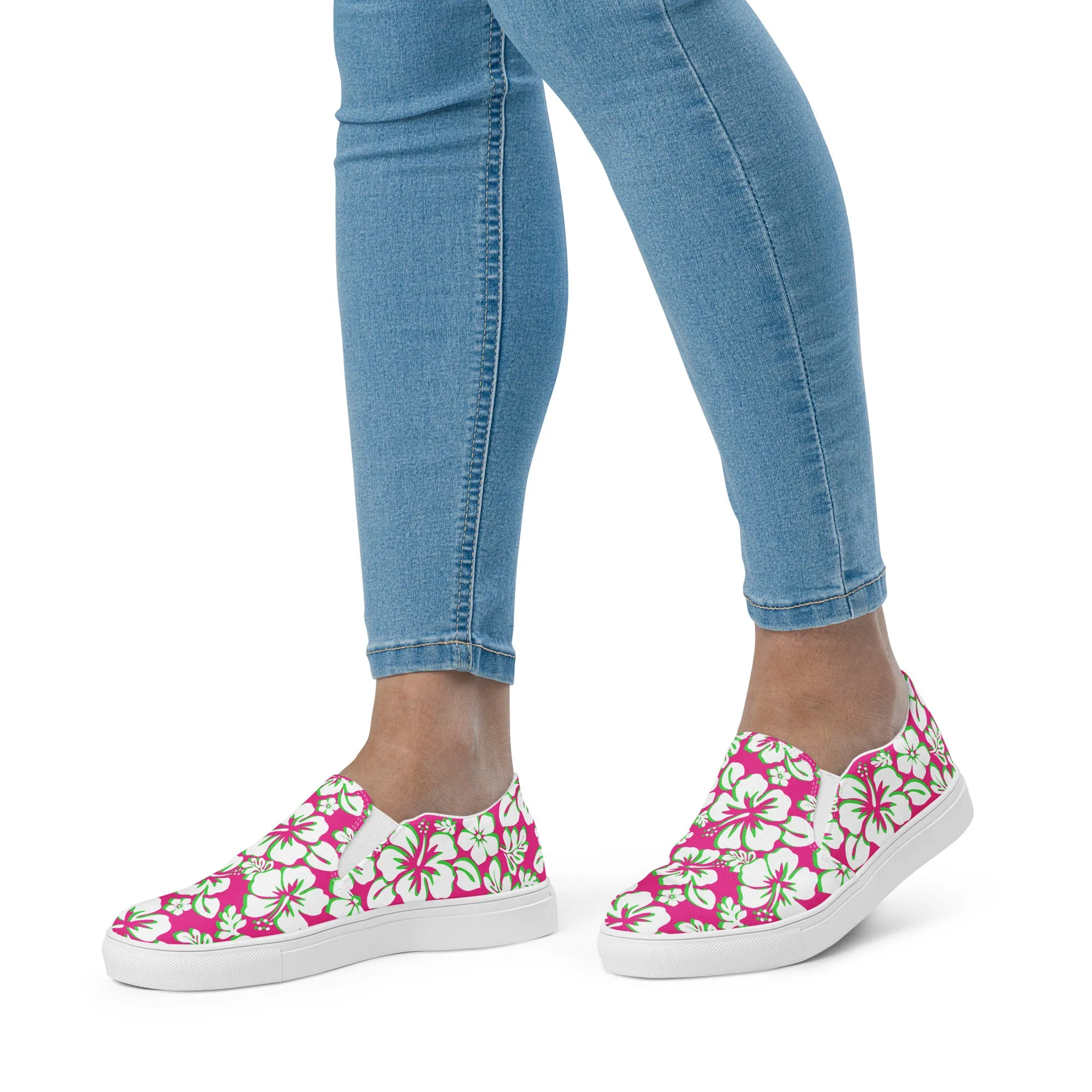 Hot Pink, Lime and White Hawaiian Flowers Women's Slip On Canvas Shoes