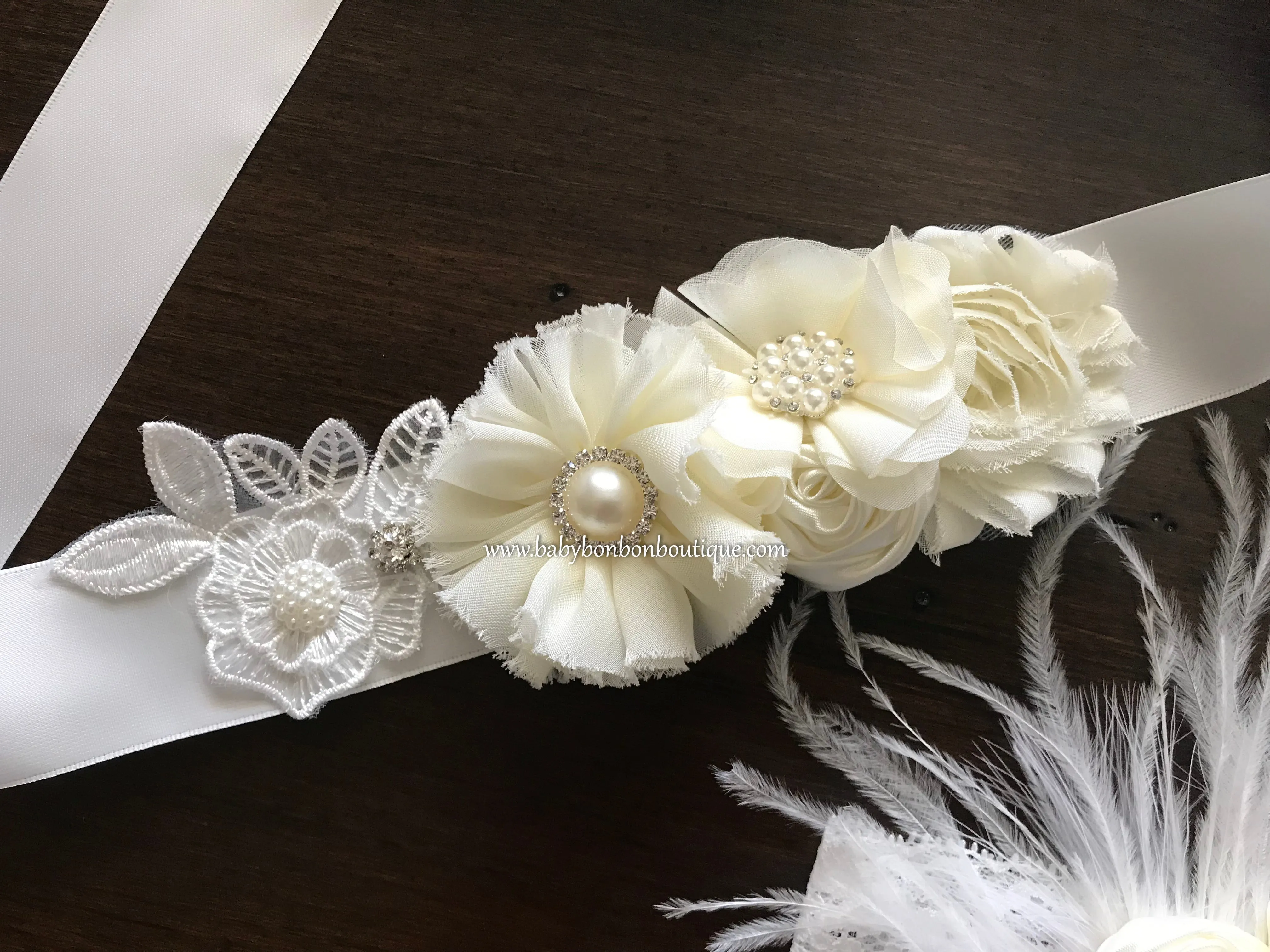 Ivory Christening Headband and Baby Girl Baptism Sash