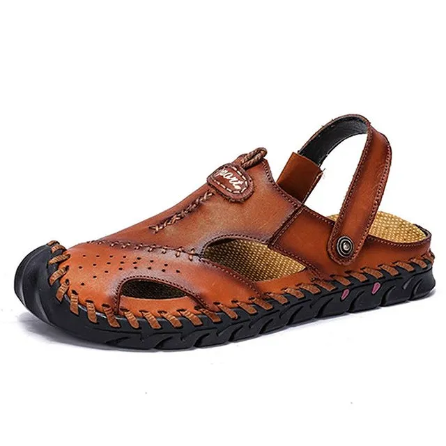 Kaegreel Men's Hand Stitching Leather Non Slip Outdoor Casual Beach Sandals