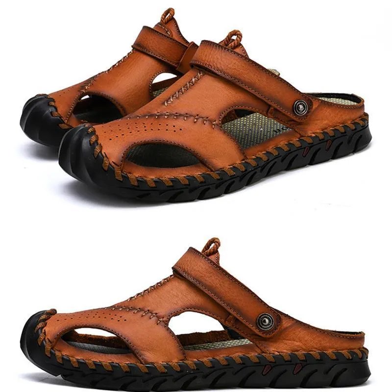 Kaegreel Men's Hand Stitching Leather Non Slip Outdoor Casual Beach Sandals