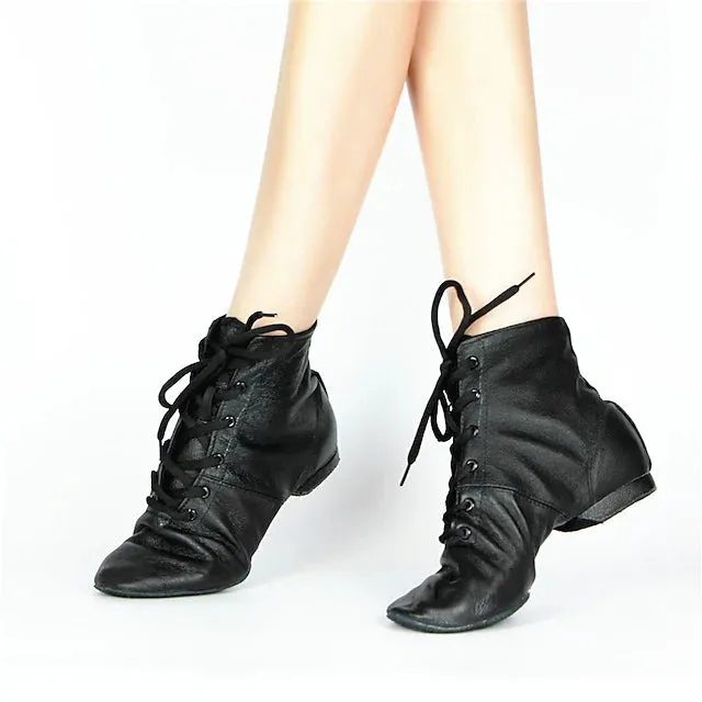 Leather Black Practice Dancing Shoes Jazz Boots Soft-Soled High Boots, Black